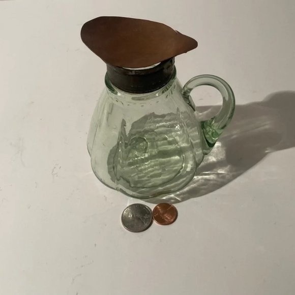 Vintage Green Glass Bottle with Copper Top, Syrup Bottle, Creamer, 6", Depressio - Picture 1 of 4